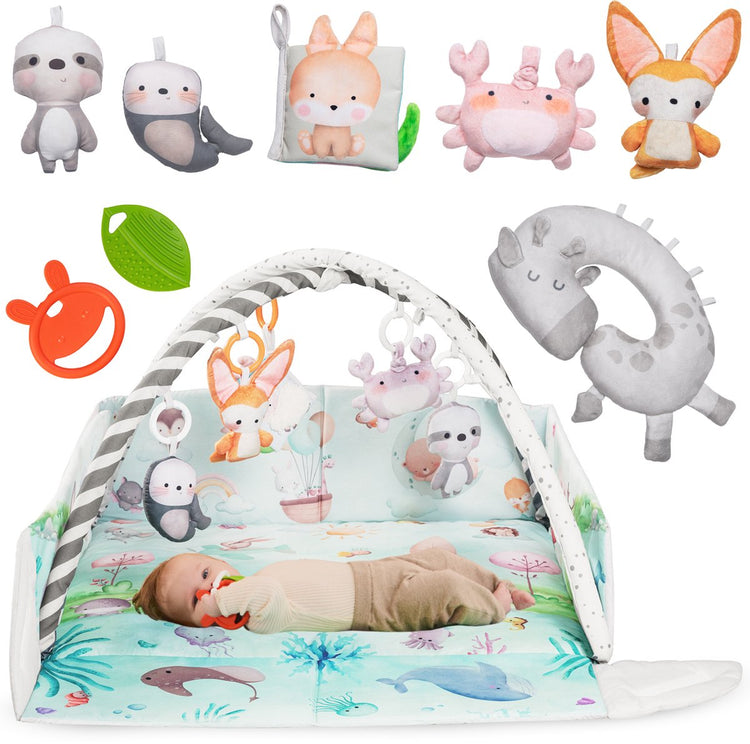 Lionelo Anika Baby-Gym-Spielmatte aus natürlichem Bambus mit Spielbogen – 8 sensorische Babyspielzeuge, Bauchzeitkissen – ab 0 Monaten – erhöhter Rand – Montessori-Babyparty-Geschenk – interaktive pädagogische Spielmatte – Aktivitätskissen