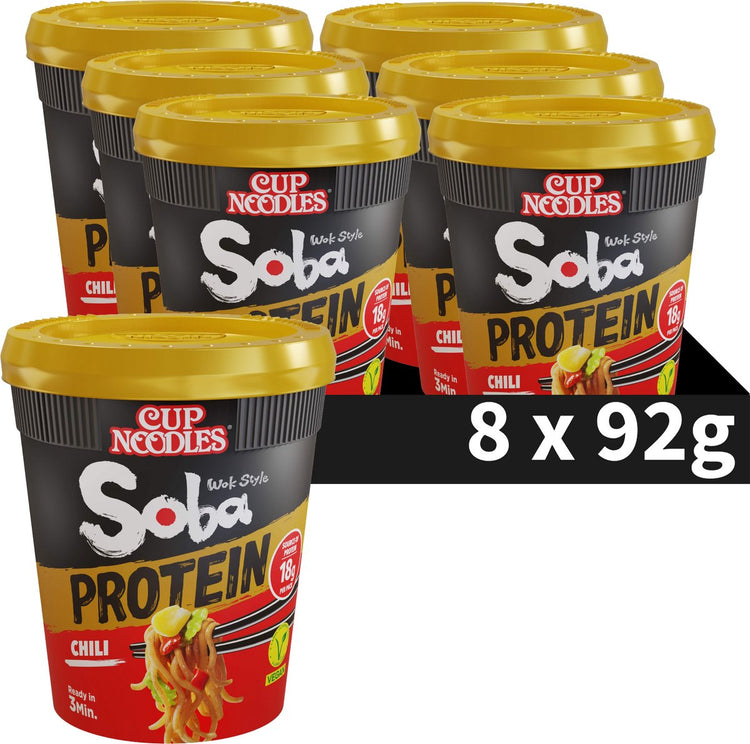 Nissin Soba Cup Nudeln Protein – Chili-Wok-Nudeln mit Protein – Instant-Nudeln – 8 Stück