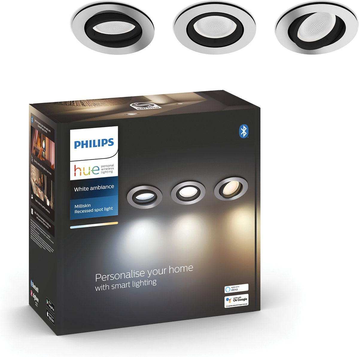 Philips Hue Milliskin Einbaustrahler – warmes bis kaltweißes Licht – 3er-Pack – Weiß – rund – GU10