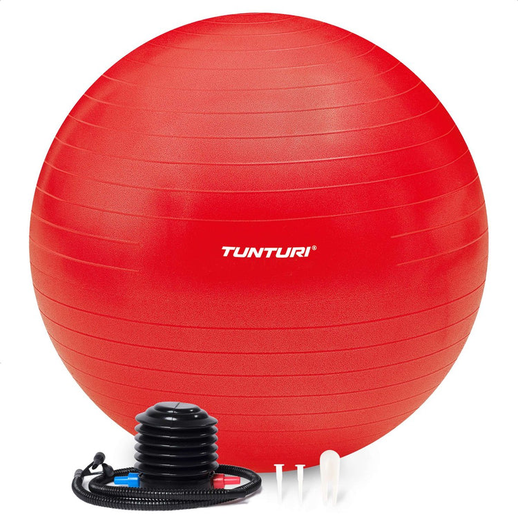 Tunturi Anti-Burst-Fitnessball mit Pumpe – Yogaball 90 cm – Pilatesball – Schwangerschaftsball – 220 kg Benutzergewicht – inkl. Trainings-App – Rot