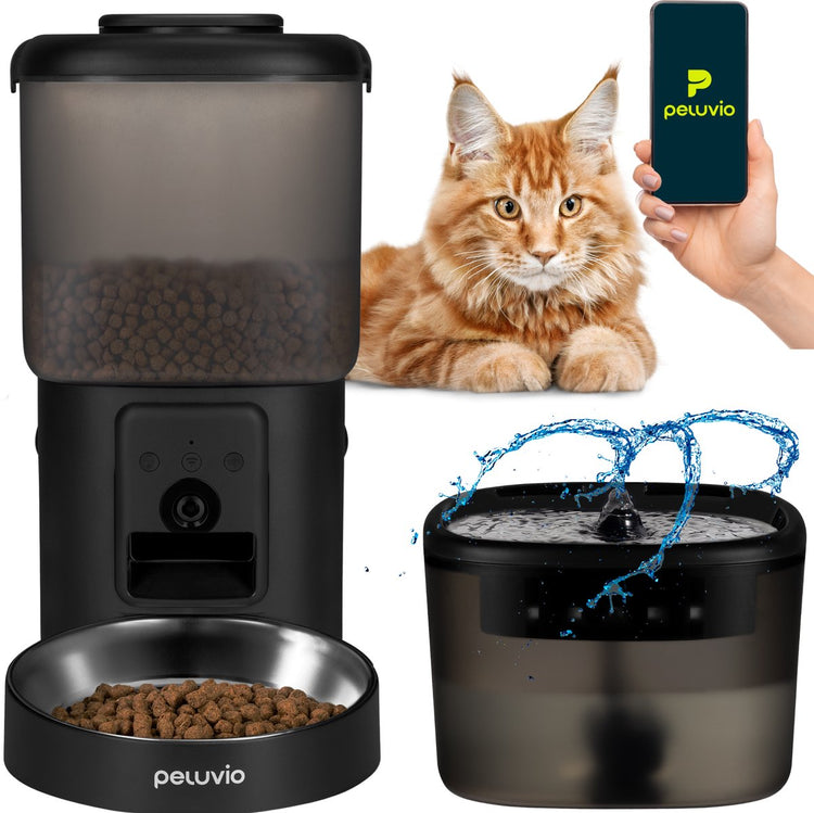 Peluvio Festfutterspender mit Kamera-Trinkbrunnen – 4,5 l automatischer Katzenfutternapf mit App – 3 MP Nachtsicht – 2,5 l Trinkbrunnen mit Filtern – WLAN – 5 Mahlzeiten am Tag – Edelstahlnapf – Batterie-Backup