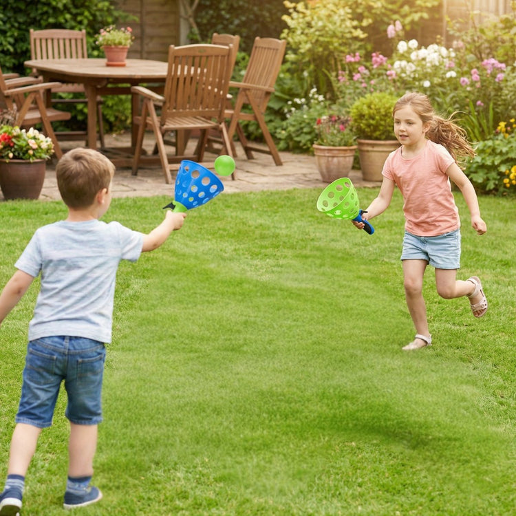 Eddy Toys Shoot Catch Ball Set 2x – Schieß- und Fangspiel mit 2 Werfern und 2 Bällen – Aktives Outdoor-Spielzeug für Kinder – Blau und Grün