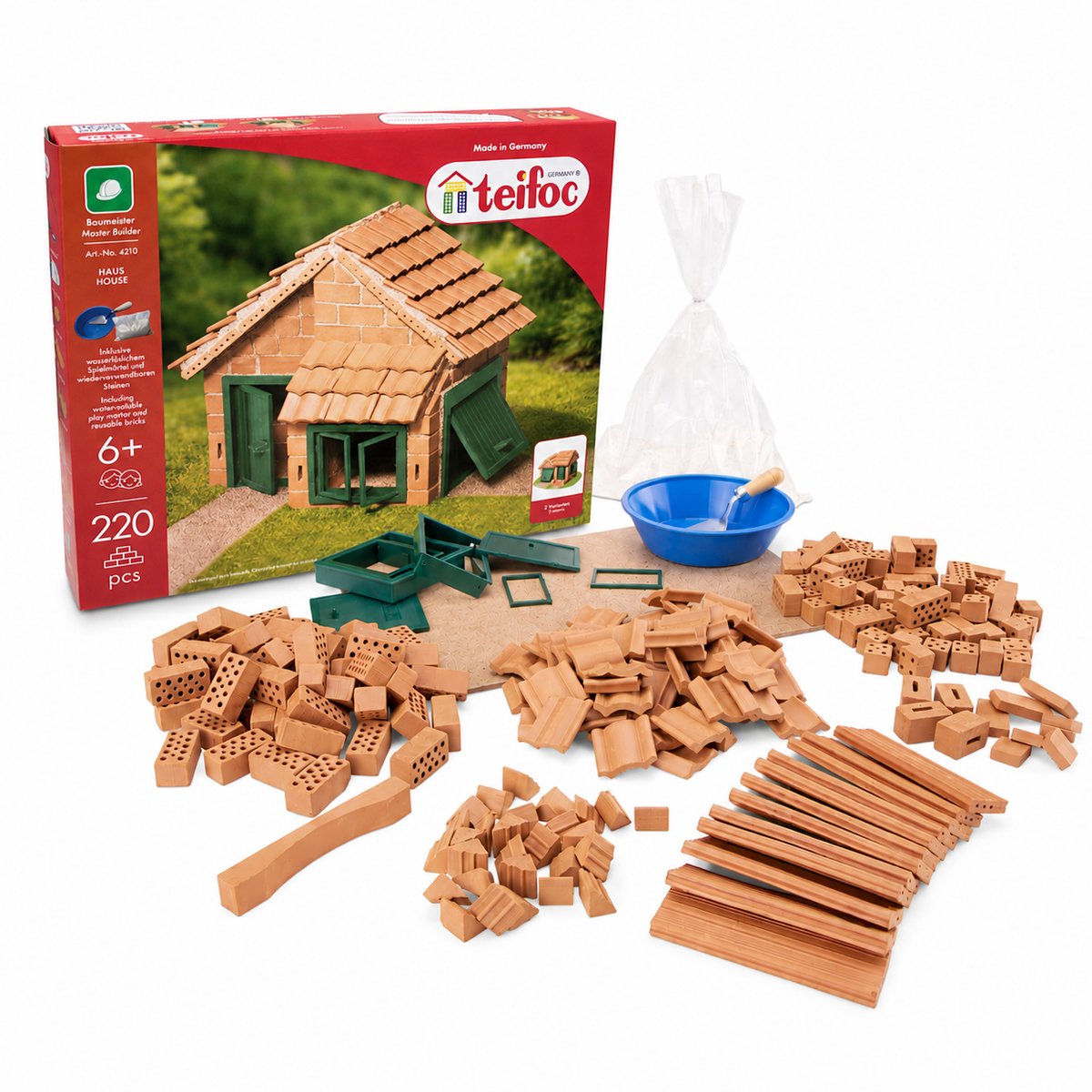 Teifoc® Baukasten – Haus mit Dachziegeln – 200 Teile – echte Mini-Steine mit Zement, Schüssel und Kelle – Bausatz für Kinder ab 6 Jahren