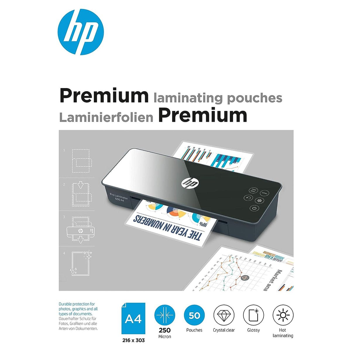 HP 9125 Premium-Laminierfolien A4 – Laminierfolien zum Heißlaminieren – glänzend – 250 Mikron – 50 Stück