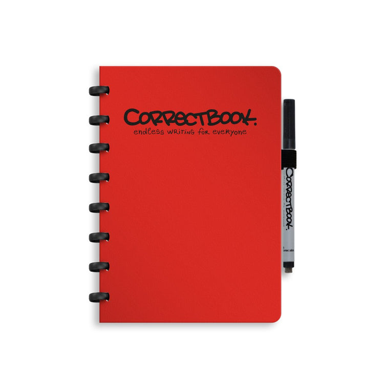 Correctbook a5 löschbares Notizbuch – wiederverwendbares Notizbuch – Horizontrot – liniert – inklusive Stiftwischtuch – kann mit zusätzlichen Seiten ergänzt werden