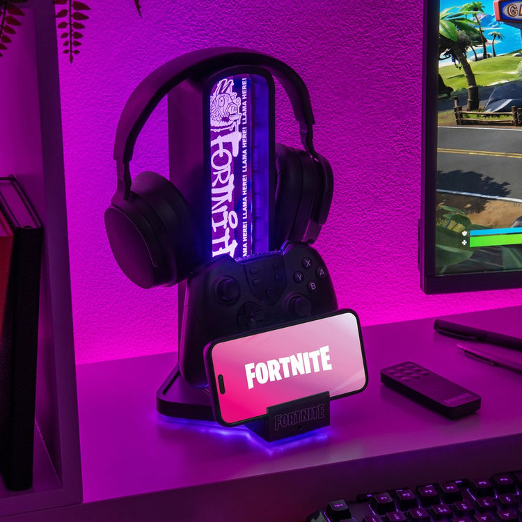 Paladone Fortnite 3-in-1-Kopfhörerständer mit RGB-Licht, USB-C-Ladeanschlüssen – offiziell lizenziertes Gaming-Schreibtisch-Zubehör –
