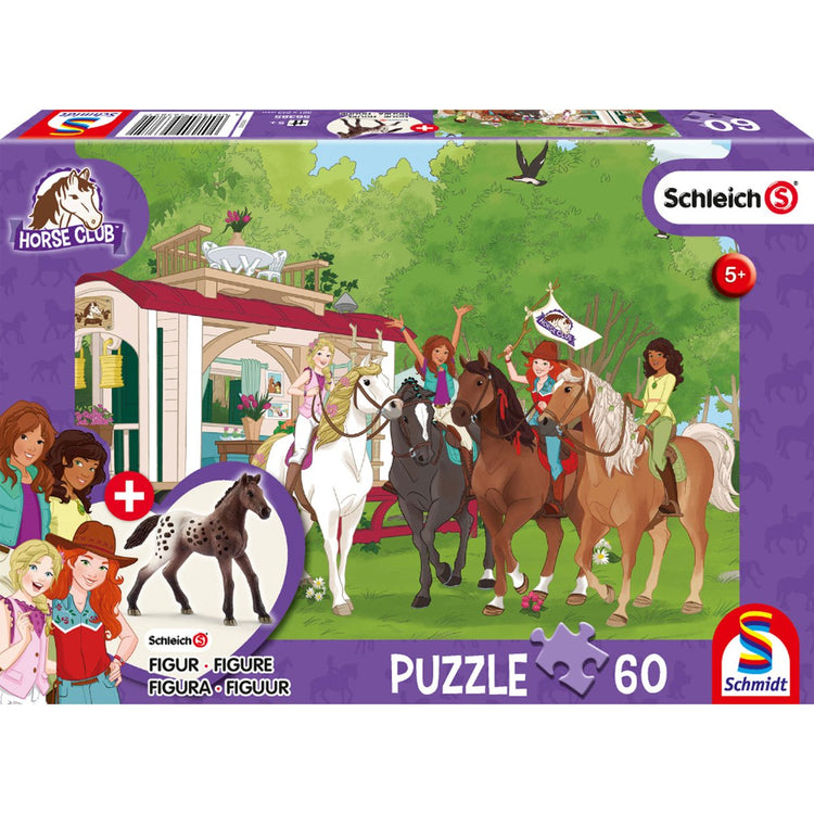 Schmidt - Puzzle - Pferdeclub-Vereinstreffen am Wohnwagen - Pferde - Schleich - 60 Teile + Originalfigur - Kinder - ab 5 Jahren