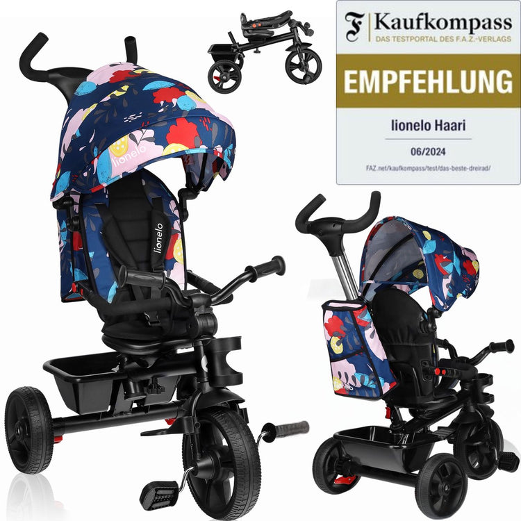 Lionelo haari - Dreirad - Getränkehalter - 2in1 - Drehsitz - wartungsfreie Gummiräder - Freilauf - Schiebestange für Eltern - Markise - Korb und Tasche - Getränkehalter - wächst mit - von 18 Monaten bis 25 kg