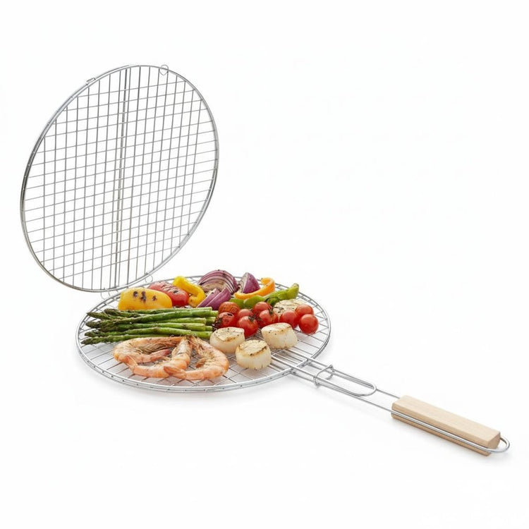 Alpina BBQ-Grillkorb – Grillzubehör aus Metall mit Holzgriff – Grillkorb für Gemüse, Fisch, Fleisch – feinmaschiges Drehgitter – leicht zu reinigen