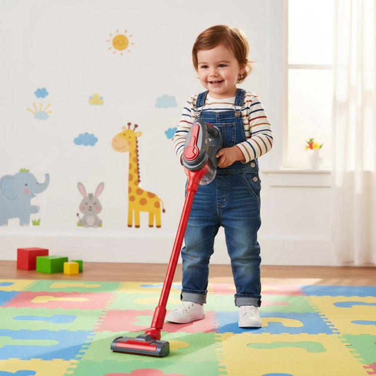 Dirt Devil Spielzeugstaubsauger 3-in-1 – Stabstaubsauger und Handstaubsauger 2 Aufsätze – funktionierende Saugfunktion und realistische Geräusche – für Jungen und Mädchen ab 3 Jahren – Rotgrau