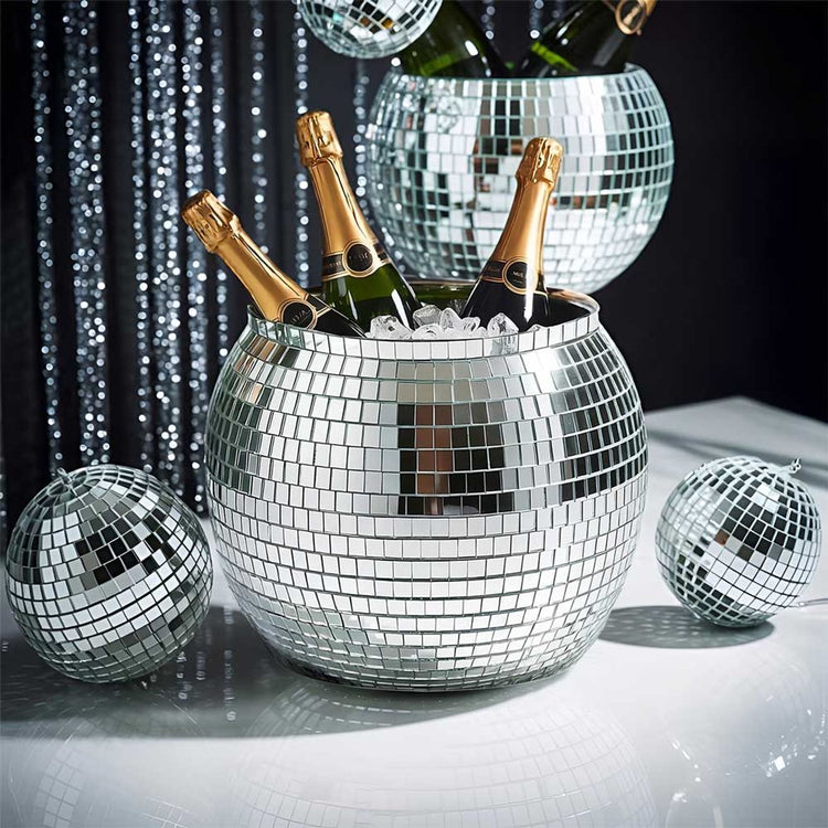 Mikamax Eiskübel Discokugel Silber – XL 11l – ø27,5cm – glitzernder Partykühler – für Wein, Softdrinks und Eis