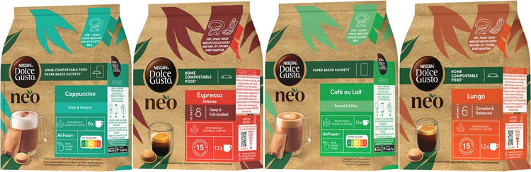 Nescafé Dolce Gusto Neo Kaffeepads und Beutel Latte Mix Paket (Café au Lait, Cappuccino, Lungo und Espresso Intenso) – 4x12 Beutel Beutel für 42 Tassen Kaffee
