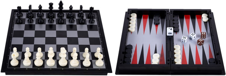 Engelhart Reisespiel Schach Backgammon 24 cm – magnetisch faltbar – inklusive Staufach – König 50 mm –