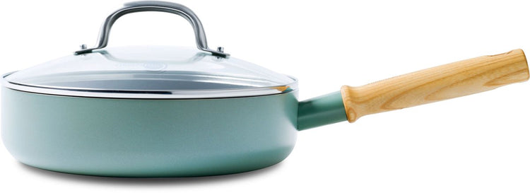 Greenpan Mayflower Schmorpfanne 24 cm – 2,6 l – PFAs-freie Antihaftbeschichtung – Induktionsbratpfanne – Keramikpfanne – nicht ofenfest – Kaltgriffe – mit Deckel – blau