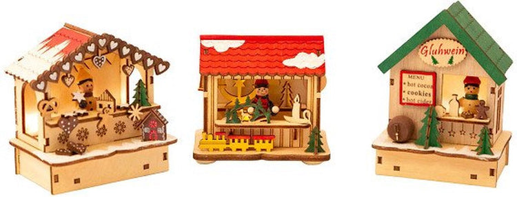 Kleiner Fußhölzer Dekoration Weihnachtsmarkt mit Lichtern, 3 -Set von 3