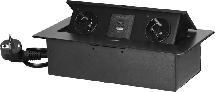 Orno Schreibtisch-Steckdosenleiste mit USB A C – Pop-up-Steckdosenleiste mit 2 Steckdosen – integrierter Verteilerstecker mit Edelstahl-Finish – Verteilerkasten mit 1,5 Meter Kabel – für max. 3680 Watt - Erdungsstift - Schwarz
