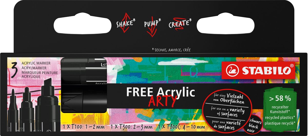Stabilo free - Acrylmarker - gemischtes Spitzenset - schwarz - 3 verschiedene Spitzengrößen