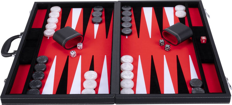 Engelhart Backgammon 21 Zoll – rot, schwarz und weiß eingelegtes Brett – luxuriöses schwarzes Gehäuse mit Griff –