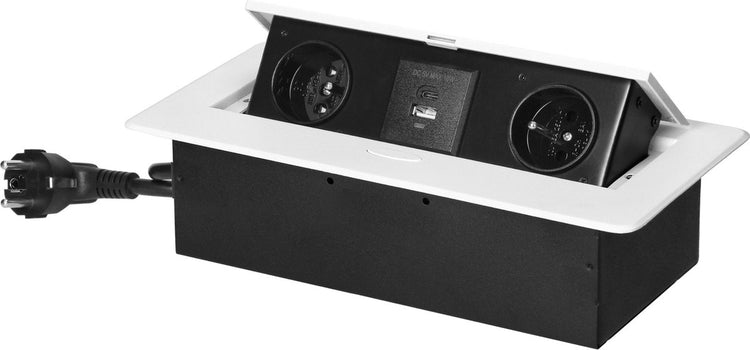 Orno Schreibtisch-Steckdosenleiste – Pop-Up-Steckdosenleiste mit 2 Steckdosen, USB A C – integrierter Verteilerstecker mit Edelstahl-Finish – Verteilerkasten mit 1,5 Meter Kabel – für max. 3680 Watt – Stifterde – weiß