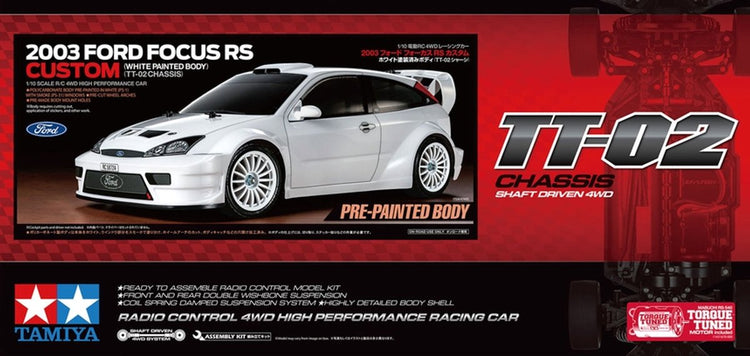 Tamiya Modellbausatzauto – 47495 RC Ford Focus RS Custom TT-02 – lackierte Karosserie aus RC-Kunststoff – 1:10 – Modellbau