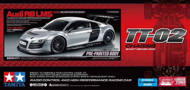 Tamiya Modellbausatzauto – 47517 RC-Auto – Audi R8 LMS 2008 – TT02 – silber lackierte Karosserie aus RC-Kunststoff – 1:10 – Modellbau