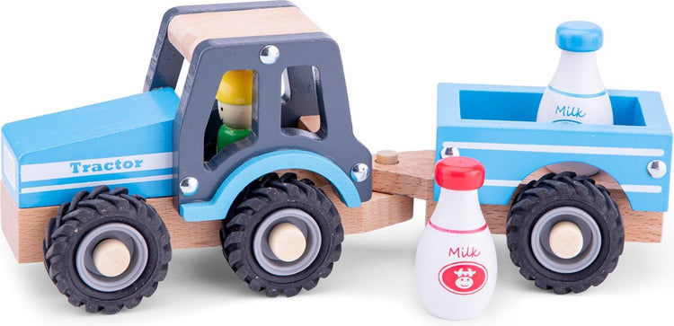 Woet® Holztraktor mit Anhänger – inklusive 2 Milchkannen – blau – Lernspielzeugfahrzeug – Rollenspielspielzeug – ab 18 Monaten