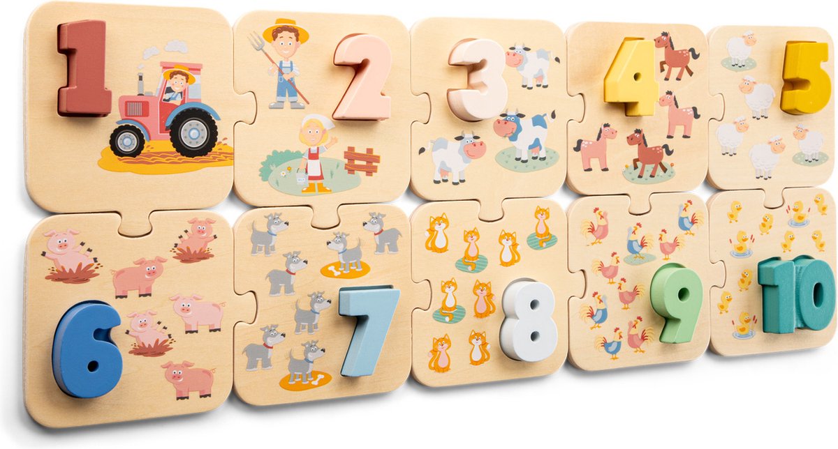 Woet® Zahlenpuzzle Bauernhof aus Holz – Zählen lernen – Zahlen 1 bis 10 – Puzzle mit Zahlen und Tieren – FSC-Lernspielzeug – ab 2 Jahren