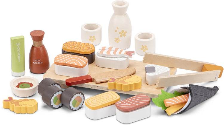 Woet® Sushi-Spielset aus Holz – 30-teiliges japanisches Rollenspielspielzeug – inklusive Essstäbchen, Sojasauce und Servierbrett – FSC-Spielzeugnahrung – pädagogisches Küchenspielzeug – ab 3 Jahren