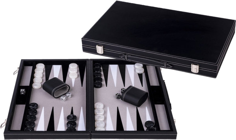 Engelhart Backgammon 18 Zoll – grau, schwarz und weiß eingelegtes Brett – luxuriöses schwarzes Gehäuse mit Griff –
