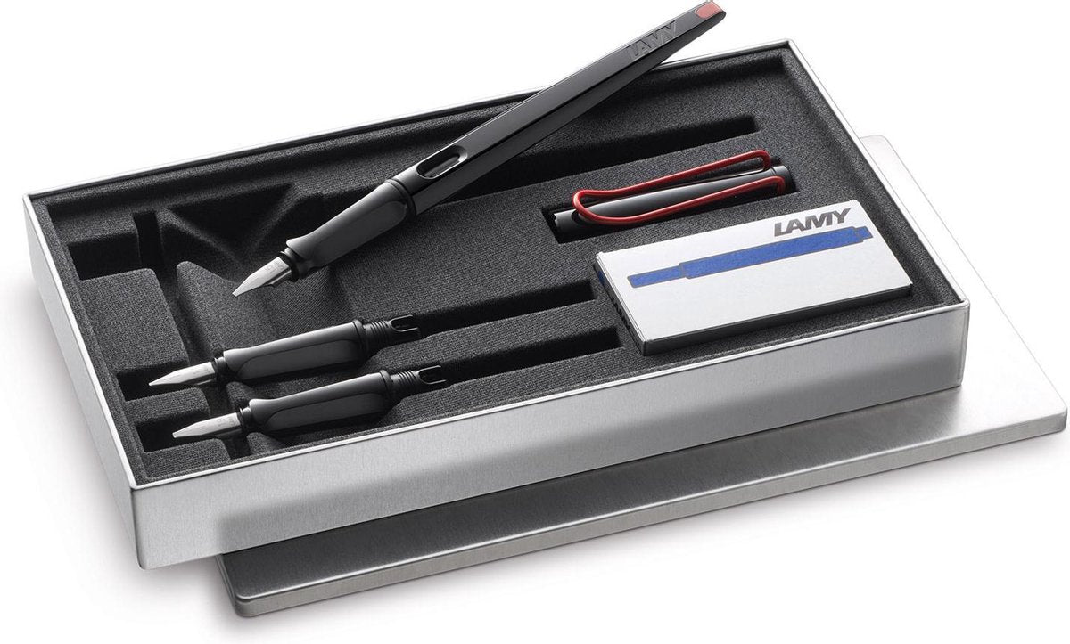 Lamy Joy Black Kalligraphie-Füllfederhalter-Set – wunderschöne Schreibstifte mit 3 verschiedenen Federn (1,1, 1,5, 1,9 mm) – Füllfederhalter mit Bandsaugspitze und ergonomischem Griff – inklusive 5 Farbmuster T 10 Blau