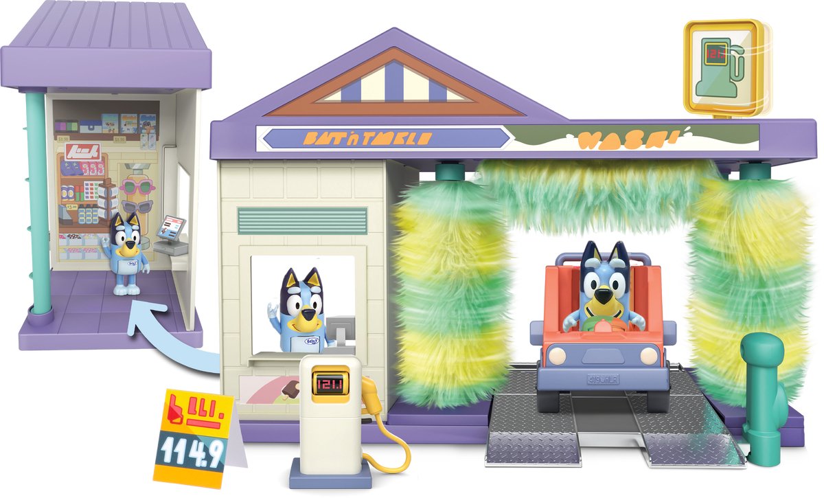 Moose Toys Bluey – Blueys Autowasch-Spielset – inkl. Blaue Spielfigur, Auto, Zapfsäule und Laden