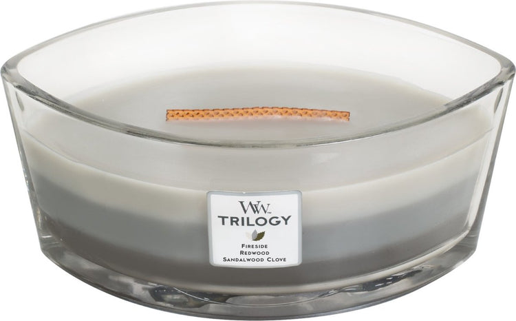 Woodwick Heartwick Flame Trilogy Ellipse-Duftkerze – warme Hölzer – 50 Brennstunden