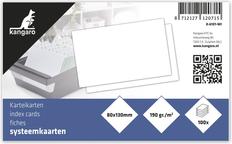 Kangaro-Karteikarte – 80 x 130 mm – blanko – 190 Gramm – Packung mit 100 Blatt – k-6101-wi