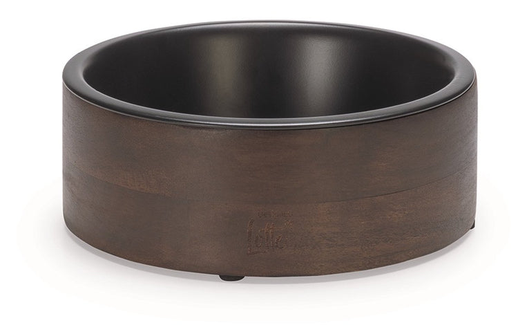 Entworfen von Lotte Milani – Futternapf für Hunde – Holz, Edelstahl – Schwarz – 14 x 14 x 5,5 cm – 370 ml