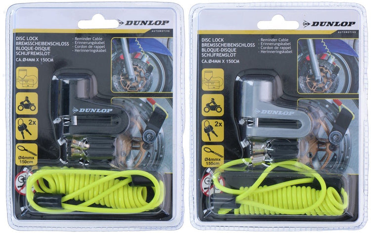 Dunlop Bremsscheibenschloss mit Erinnerungskabel – 2 Schlüssel – Radschloss Fahrrad Motorroller – 1 zufällige Farbe