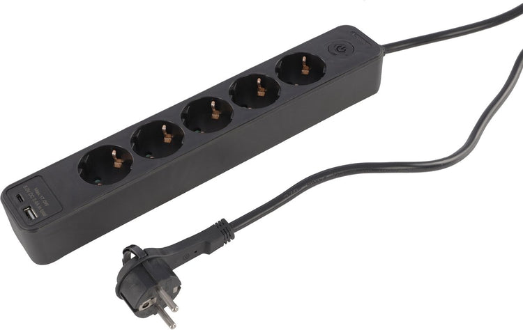 Q-Link-Steckdosenleiste - 5-fach - Schutzkontakt - mit Flachstecker - USB A C - 3 x 1,5 mm² - 1,5 m - Schwarz