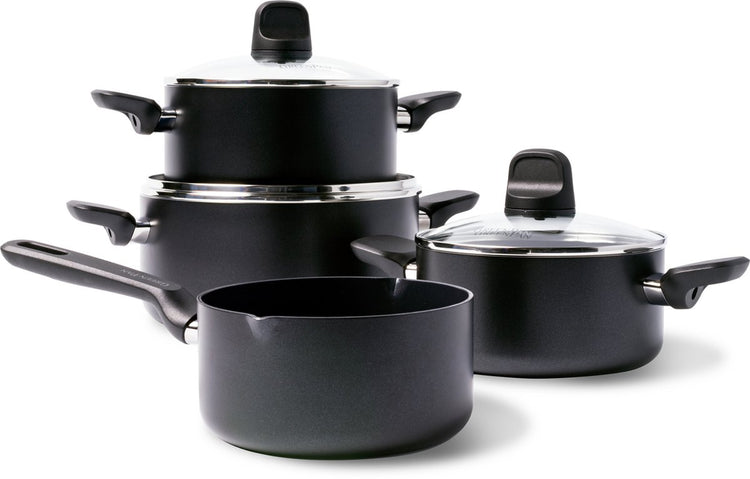 Greenpan Memphis Kochpfannenset 7-teilig – 16 18 20 24 cm – 1,6 2,1 3,1 4,9 l – PFAS-freie Antihaftbeschichtung – Induktionskochpfanne – Keramikpfanne – ofenfest bis 160 °C – Kaltgriffe – mit Glasdeckel – schwarz