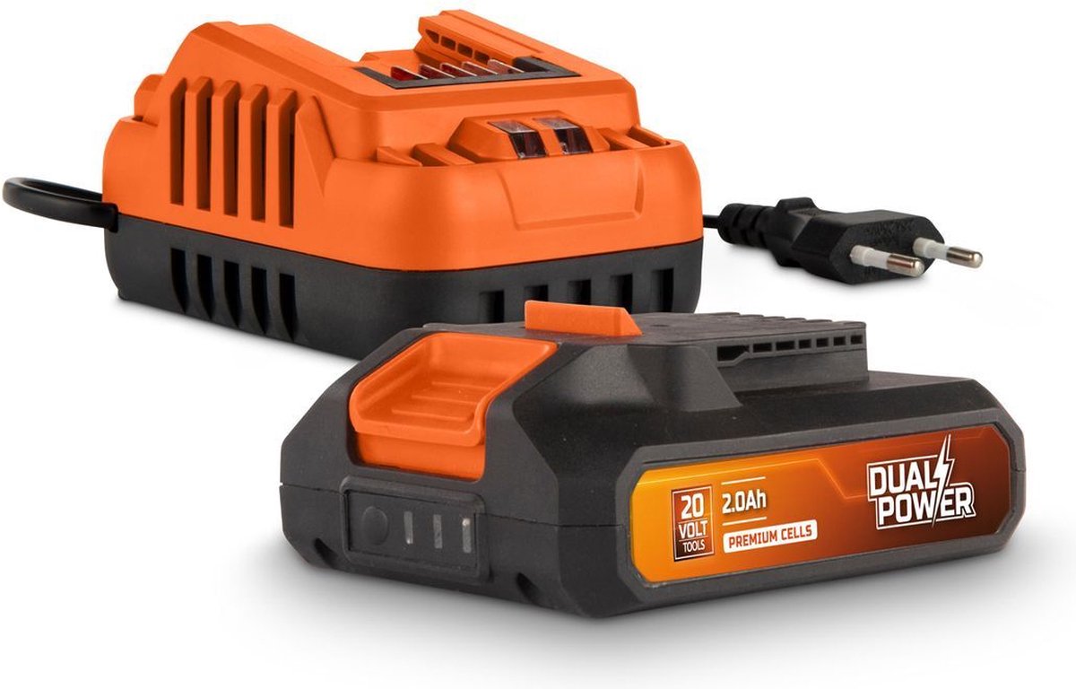 Powerplus Dual Power Batterieladegerät-Set powdp90620 – 20 V, 2,0 Ah Batterie – für 20 V-Geräte – 2 A Ladegerät – für 20 V 2 x 20 V Batterien – Batterieplattform