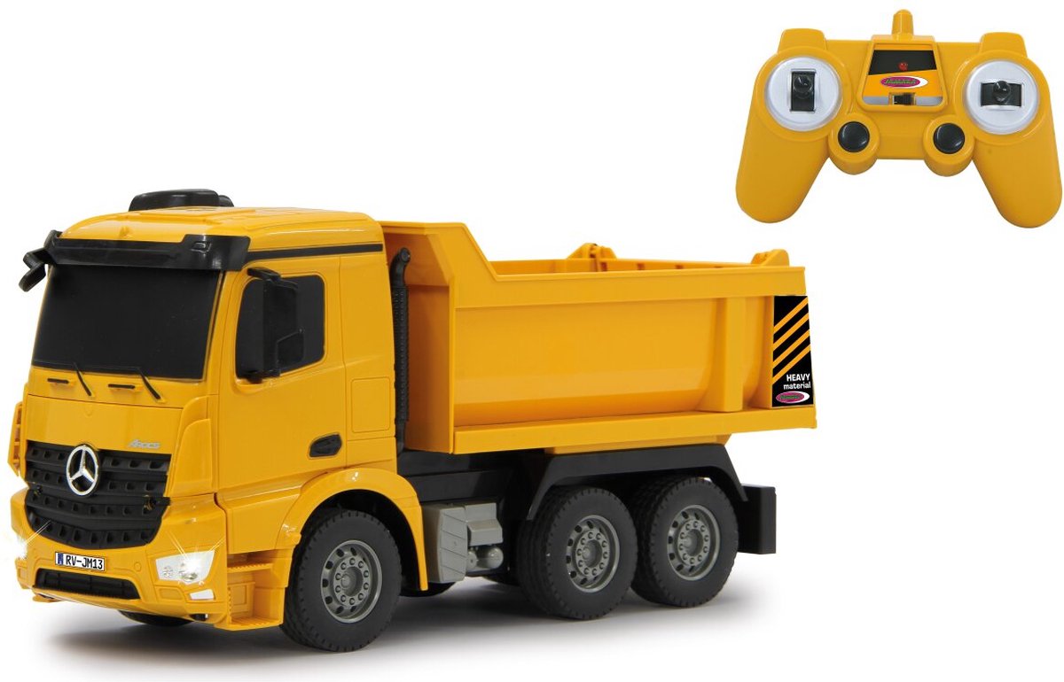 Jamara RC-Fahrzeugauto – 405108 RC-Truck Mercedes-Benz Arocs Muldenkipper – Gelb – 2,4 GHz RC-Modell fertig – 1:26 steuerbares Auto