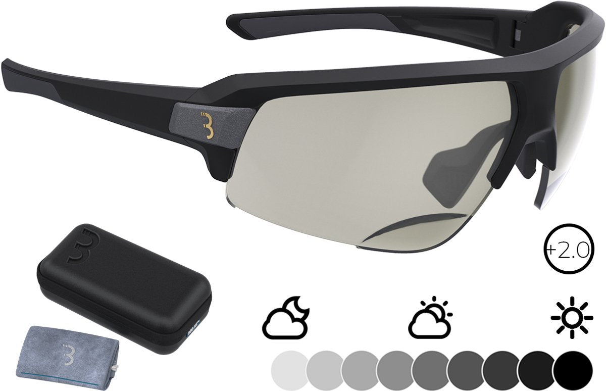 Bbb Cycling verschreibungspflichtige Fahrradbrille Impulse Reader PH – Fahrradbrille mit photochromatischen Gläsern – Fahrradbrille für Damen und Herren mit photochromatischen Korrektionsgläsern – Sportbrille mit Lesebereich +2,0 – mattschwarz – bsg-64ph