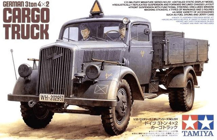 Tamiya Modellbausatz Militärfahrzeuge – 35291 Deutscher Lastkraftwagen 3 Tonnen aus dem Zweiten Weltkrieg mit 2 Figuren aus Kunststoff – 1:35 – Modellbausatz