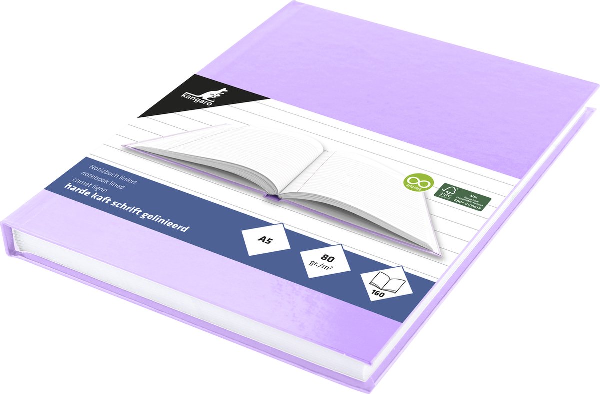 Kangaro-Notizbuch – A5 – liniert – 160 Seiten – 80 Gramm – Hardcover – Pastellviolett – 5 Stück – k-5385-5
