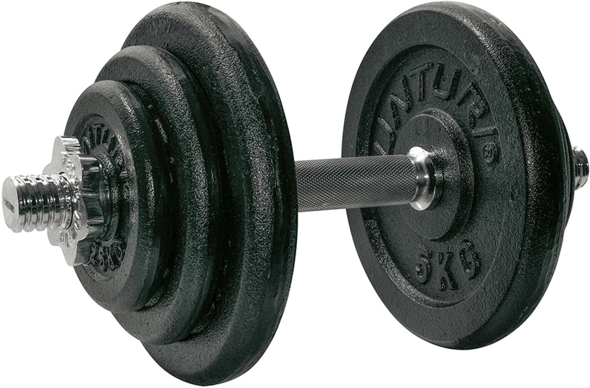 Tunturi Hantel Gusseisen gesamt 20kg - Hantelset mit Schraubverschluss - Hantelset - 1 Langhantelstange - 30mm - inkl. kostenlose Fitness-App