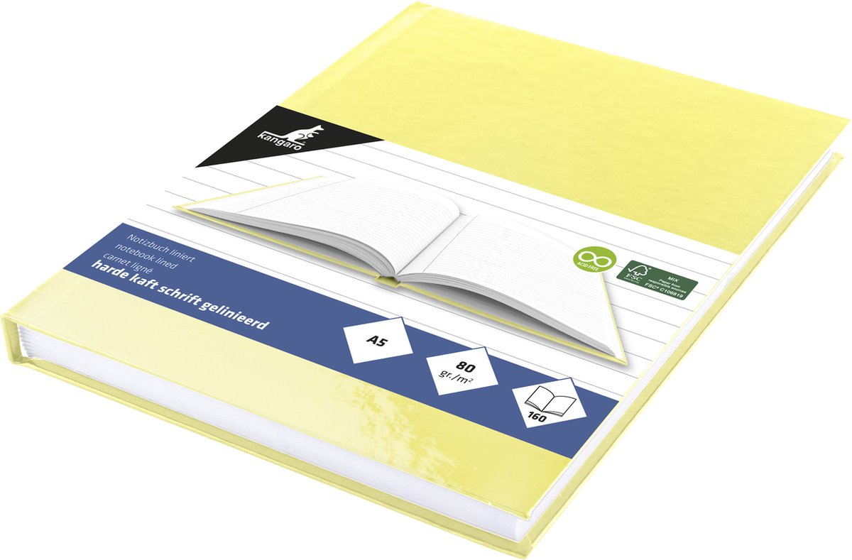 Kangaro-Notizbuch – A5 – Linie – 160 Seiten – 80 Gramm – Hardcover – Pastellgelb – 5 Stück – k-5381-5