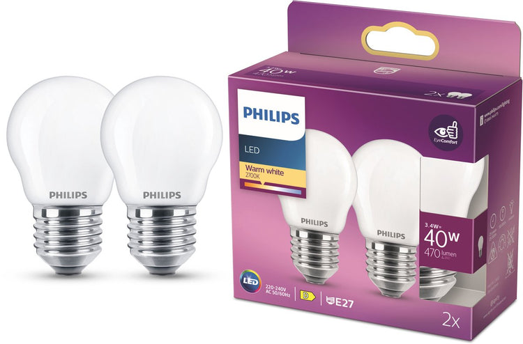 Philips LED-Lampe – Kugellampe mit E27-Fassung – warmweißes Licht: 2700 K – 40 W – Milchglas – 2er-Pack
