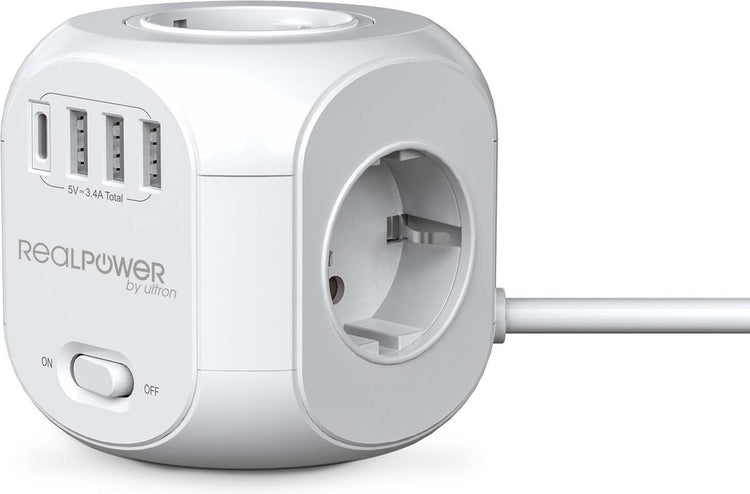 Realpower Powerbox4 31 – 4-Port-Steckdosenleiste Cube – 3 x USB, 1 x USB-C – 1,8 Meter Kabel – Weiß
