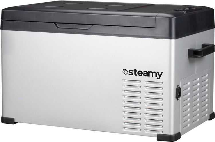 Steamy -e Einzonen-Kühlbox mit elektrischem Kompressor – Einzelzone – 27 Liter – 12 V und 230 V – für Auto und Camping – Silber