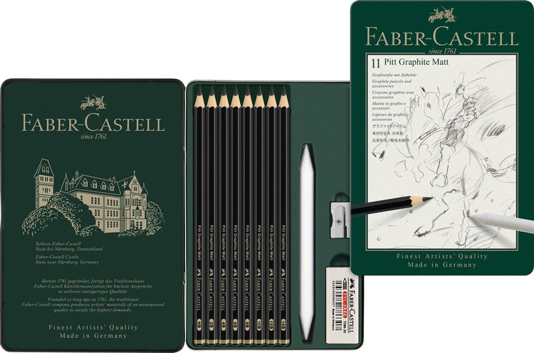 Faber-Castell Graphitstifte-Set – Pitt Matt – 8 Stück + Radiergummi + Feder + Spitzer – Mattschwarz – FC-115220