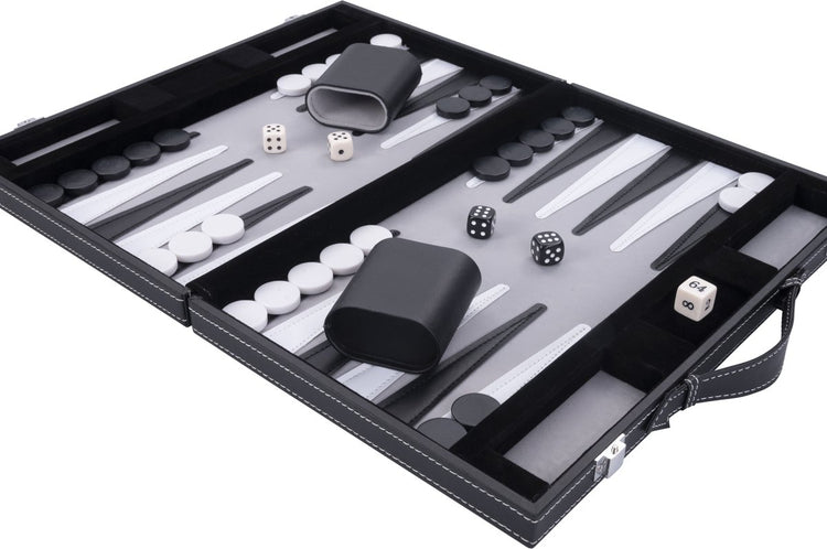 Longfield Backgammon 11 Zoll – graues, schwarz-weiß genähtes Brett – Kunstledertasche mit Griff – Engelsherz