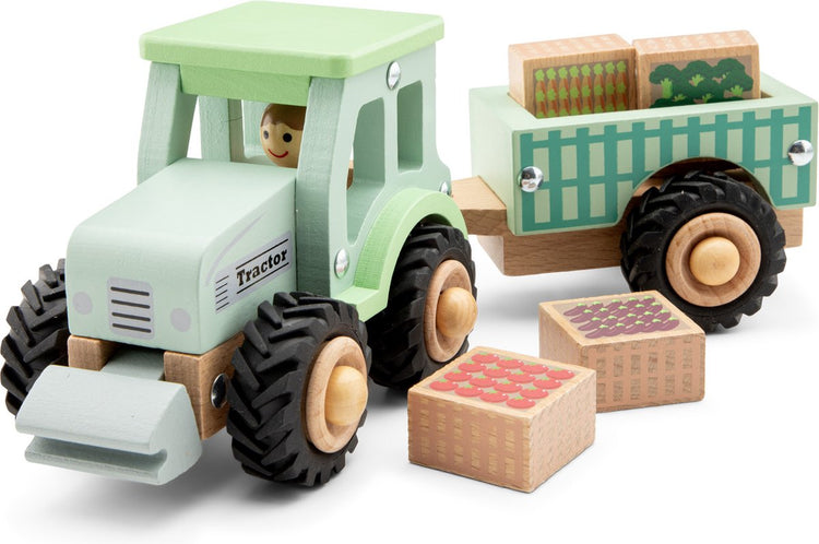 New Classic Toys® Holztraktor mit Anhänger – inklusive 4 Gemüsekisten – grün – Lernspielzeugfahrzeug – Rollenspielspielzeug – ab 18 Monaten